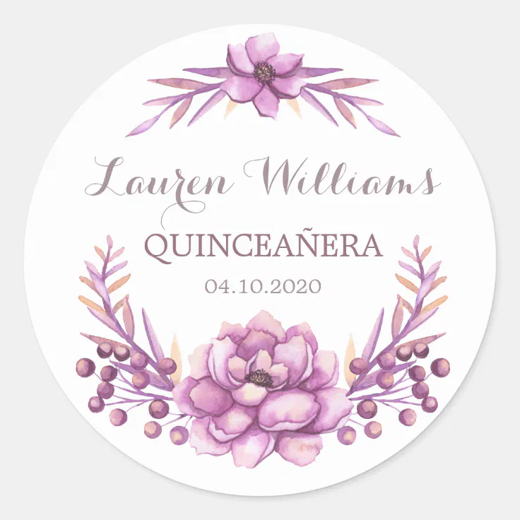 Purple watercolor floral quinceanera Sticker | Zazzle