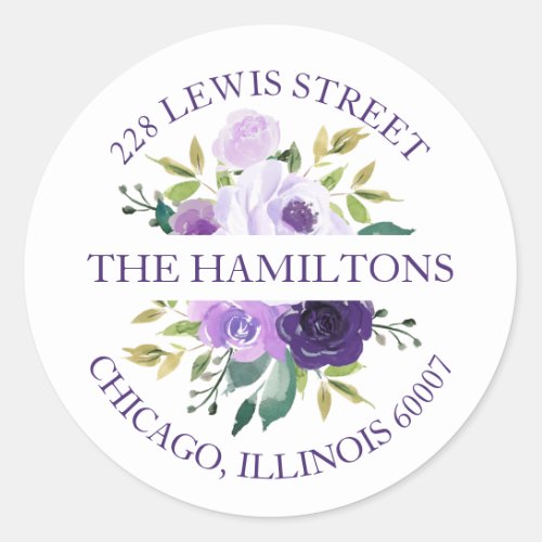 Purple Watercolor Floral Return Address Classic Round Sticker