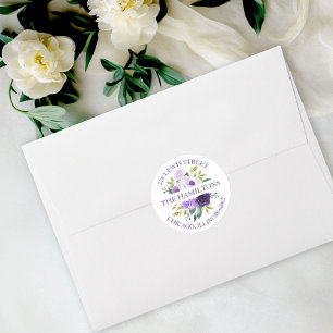 Purple Watercolor Floral Return Address Round Seal