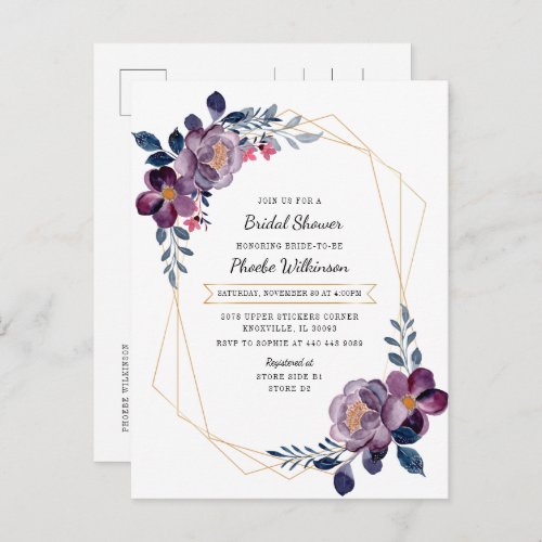 Purple Watercolor Floral Rustic Bridal Shower Invitation Postcard