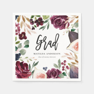 Purple watercolor floral + script graduation party napkins