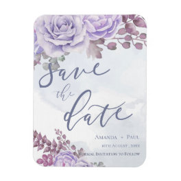Purple Watercolor Floral Script Save The Date Magnet