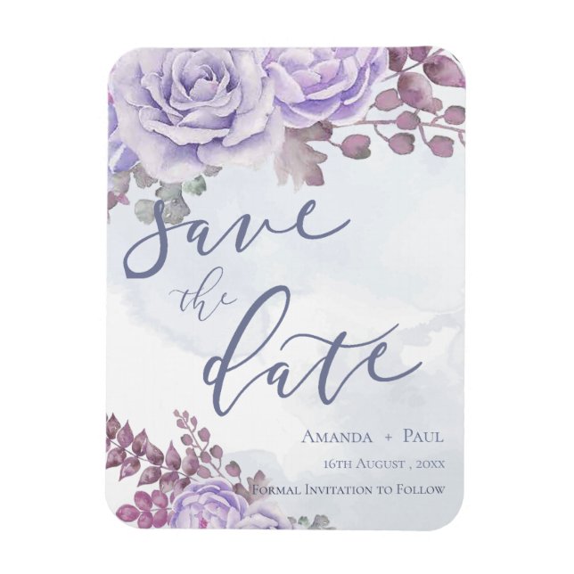 Purple Watercolor Floral Script Save The Date Magnet (Vertical)
