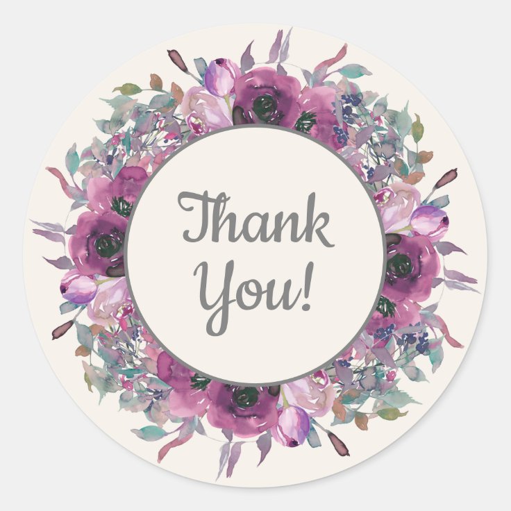 Purple Watercolor Floral Script Thank You Classic Round Sticker | Zazzle