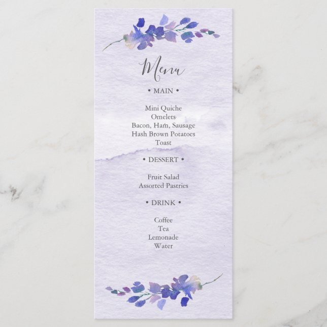 Purple Watercolor Floral Shower Menu (Front)