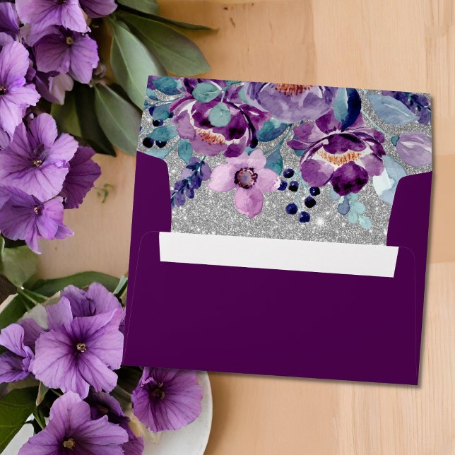 Purple Watercolor Floral & Silver Glitter Wedding Envelope (Flat lay bold chic modern feminine sophisticated purple floral silver glitter Envelope
)