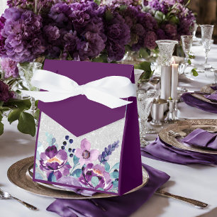 Purple Watercolor Floral & Silver Glitter Wedding Favor Boxes