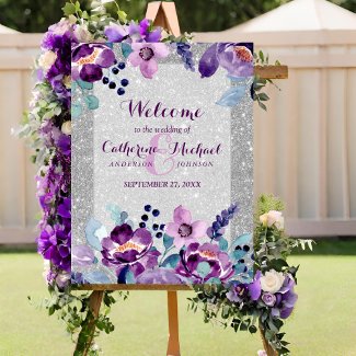 Purple Watercolor Floral & Silver Glitter Wedding