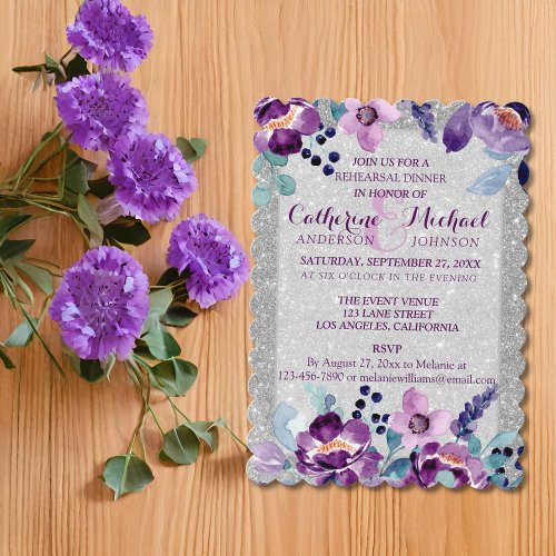 Purple Watercolor Floral  Silver Glitter Wedding Invitation