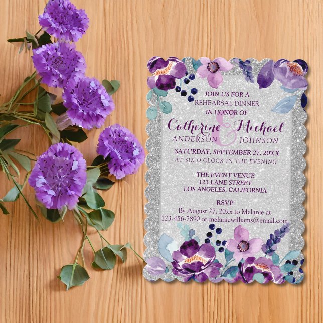 Purple Watercolor Floral & Silver Glitter Wedding Invitation (Creator Uploaded)