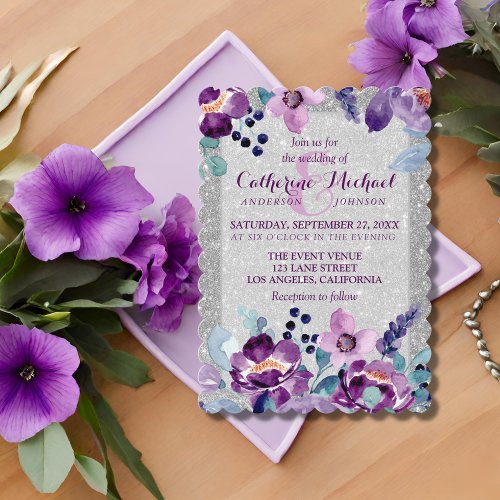 Purple Watercolor Floral  Silver Glitter Wedding Invitation