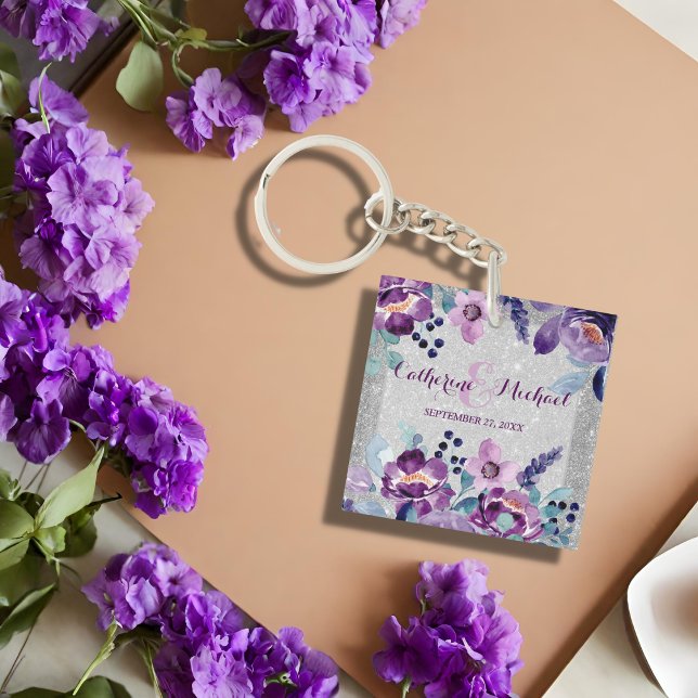 Purple Watercolor Floral & Silver Glitter Wedding Keychain (Creator Uploaded)