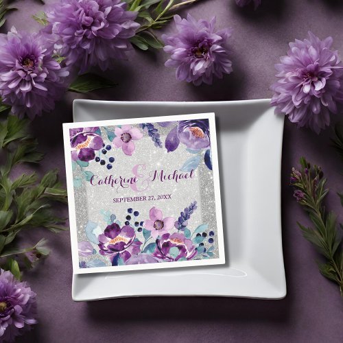 Purple Watercolor Floral  Silver Glitter Wedding Napkins