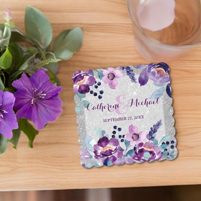 Purple Watercolor Floral & Silver Glitter Wedding Paper Coaster (Creator Uploaded)