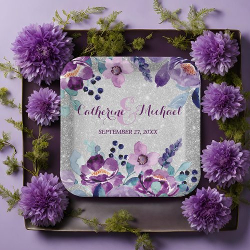 Purple Watercolor Floral  Silver Glitter Wedding Paper Plates