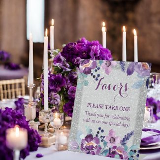 Purple Watercolor Floral & Silver Glitter Wedding