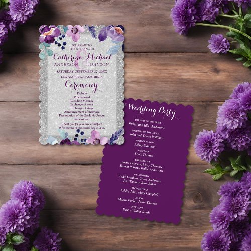 Purple Watercolor Floral  Silver Glitter Wedding Program