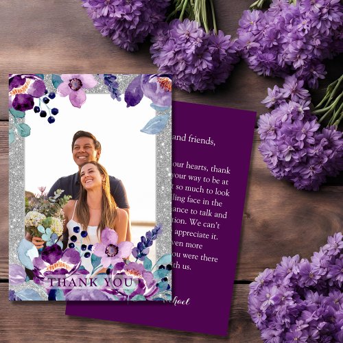 Purple Watercolor Floral  Silver Glitter Wedding Thank You Card