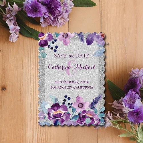 Purple Watercolor Floral  Silver Glitter Wedding Thank You Card