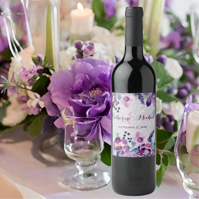 Purple Watercolor Floral & Silver Glitter Wedding Wine Label (Creator Uploaded)