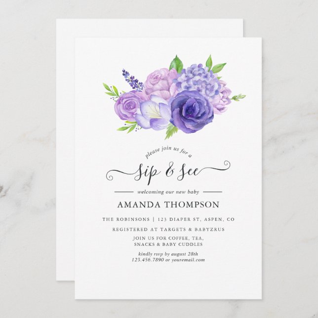 Purple Watercolor Floral Sip and See Invitation (Front/Back)