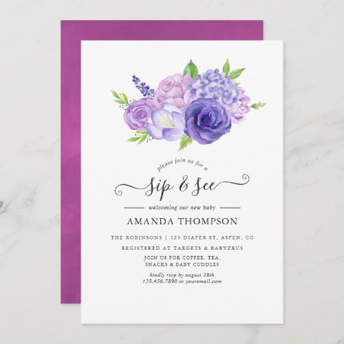 Purple Watercolor Floral Sip and See Invitation