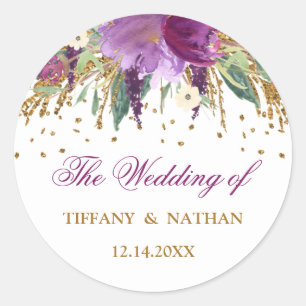 Purple Watercolor Floral Sparkling Amethyst Classic Round Sticker