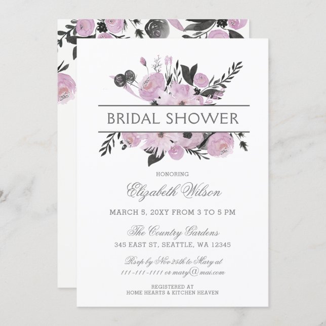 Purple Watercolor Floral Spring Bridal Shower Invitation (Front/Back)
