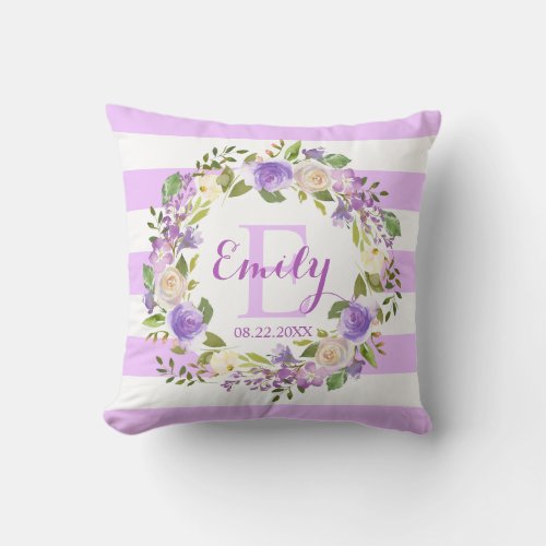 Purple Watercolor Floral Stripes Girl Nursery Baby Throw Pillow