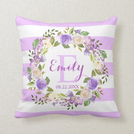 Purple Watercolor Floral Stripes Girl Nursery Baby Throw Pillow