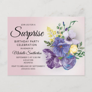 Purple Watercolor Floral Surprise Pink Birthday Postcard