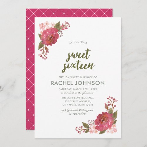 Purple Watercolor Floral Sweet Sixteen Birthday Invitation