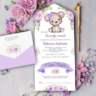 Purple Watercolor Floral Teddy Bear Baby Shower All In One Invitation