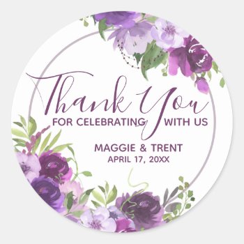 Purple Watercolor Floral Thank You Classic Round Sticker by happygotimes at Zazzle