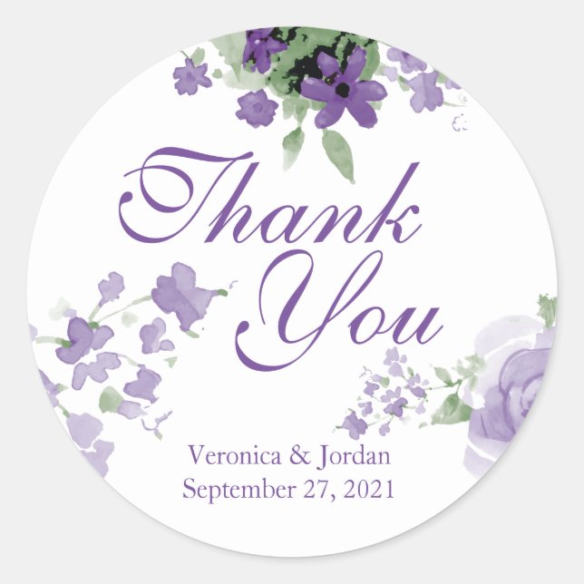 Purple Watercolor Floral Thank You Stickers (Front)