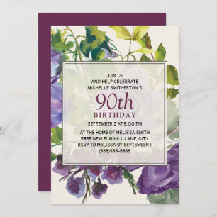 Purple Watercolor Floral Vines 90th Birthday Invitation