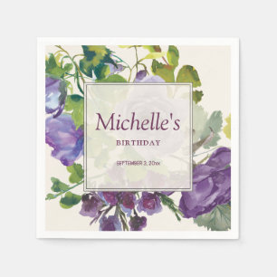 Purple Watercolor Floral Vines Birthday Name Date Napkins