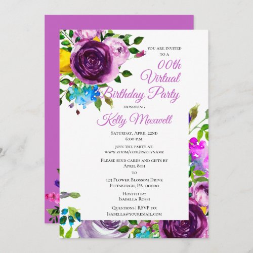 Purple Watercolor Floral Virtual Birthday Party Invitation