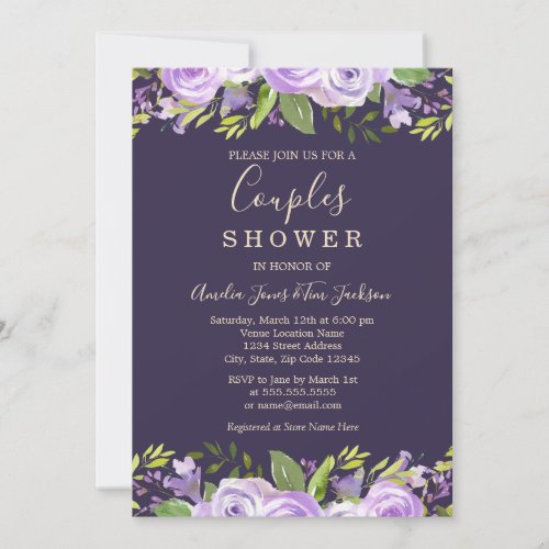 Purple Watercolor Floral Wedding Couples Shower Invitation