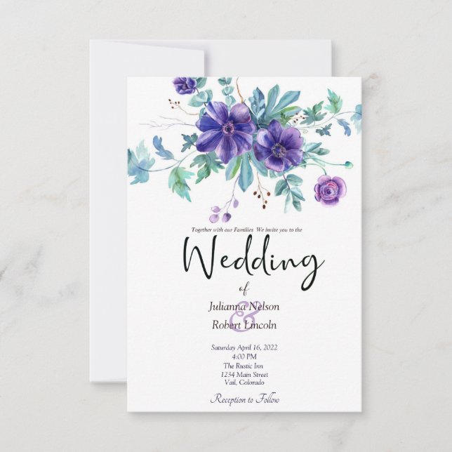 Purple watercolor floral wedding invitation (Front)