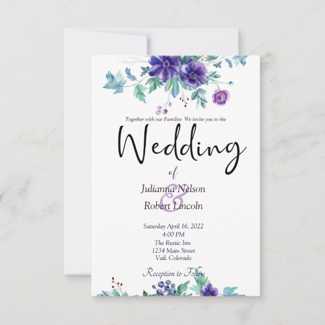 Purple watercolor floral wedding invitation (Front)