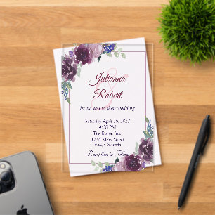 Purple watercolor floral wedding invitation