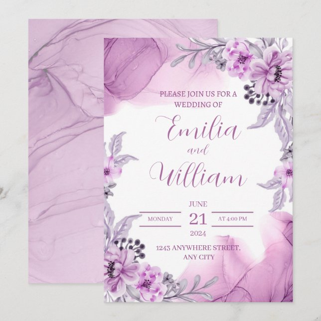 Purple Watercolor Floral Wedding Invitation (Front/Back)