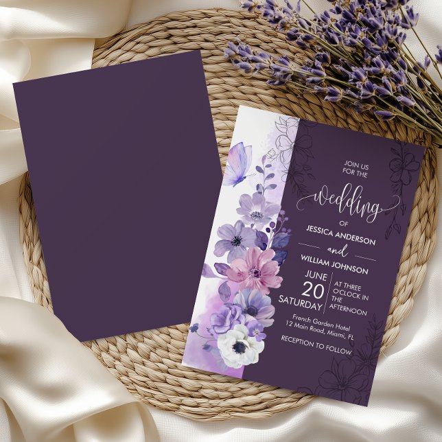 Purple Watercolor Floral Wedding Invitation (Creator Uploaded)