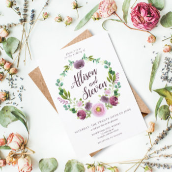 Purple Watercolor Floral Wedding Invitation by lilanab2 at Zazzle