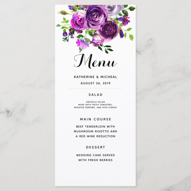 Purple Watercolor Floral Wedding Menu (Front)