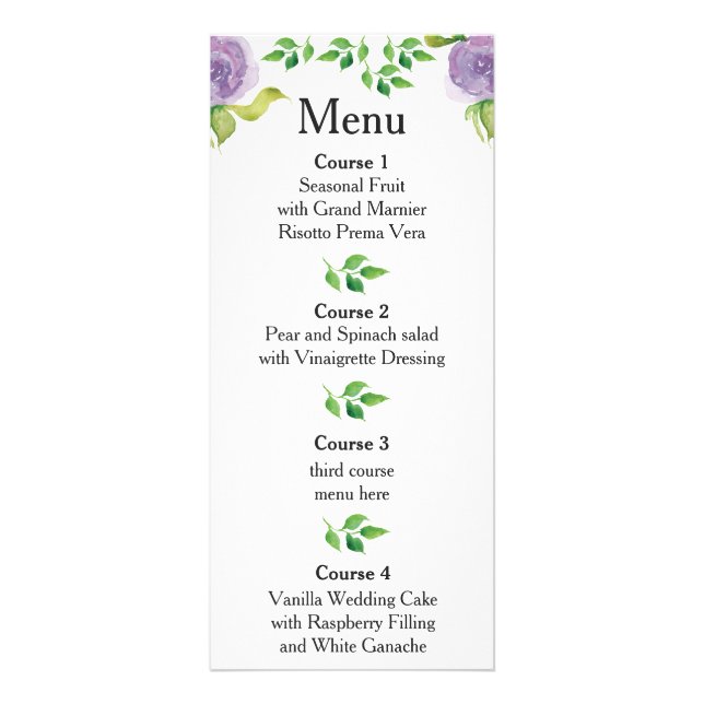 Purple watercolor floral wedding menu (Front)