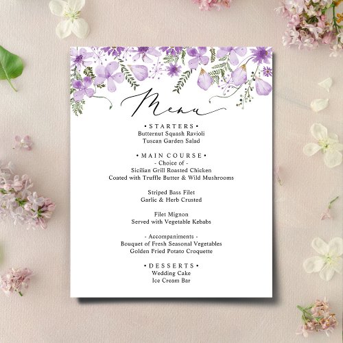 Purple Watercolor Floral Wedding Menu Card 