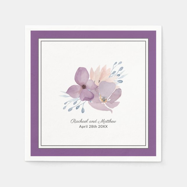 Purple Watercolor Floral Wedding Napkins (Front)