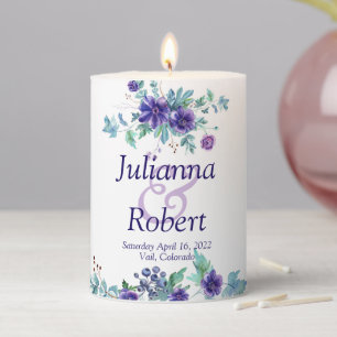 Purple watercolor floral wedding pillar candle